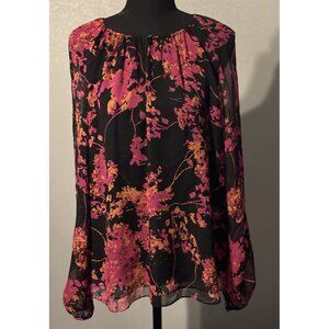 DIANE VON FURSTENBERG  OVERSIZED 100%  SILK FLORAL PRINT KEYHOLE  BLOUSE  SIZE L